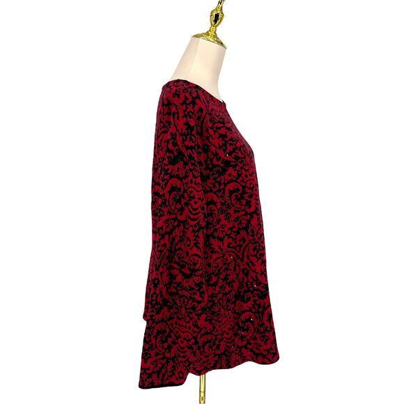 J. Jill Jacquard Tunic Sweater 3X Red Black Damask Rhinestone Sparkle Holiday - Picture 9 of 11